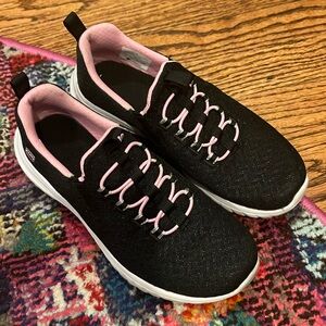 Sketchers sport slip on shoes. Glittery black with pink laces